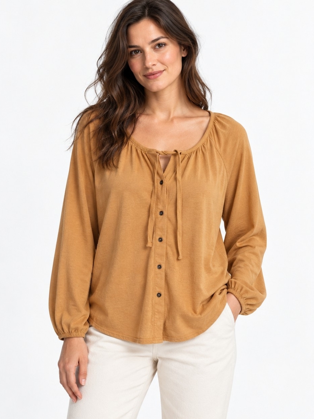 Pact Organic Cotton Linen Tie-Neck Blouse Mustard Yellow Size S